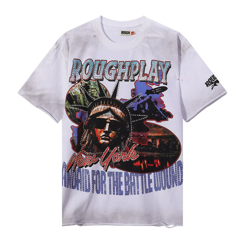 Rough Play Statue of Liberty Rhinestone Graphic T-Shirt